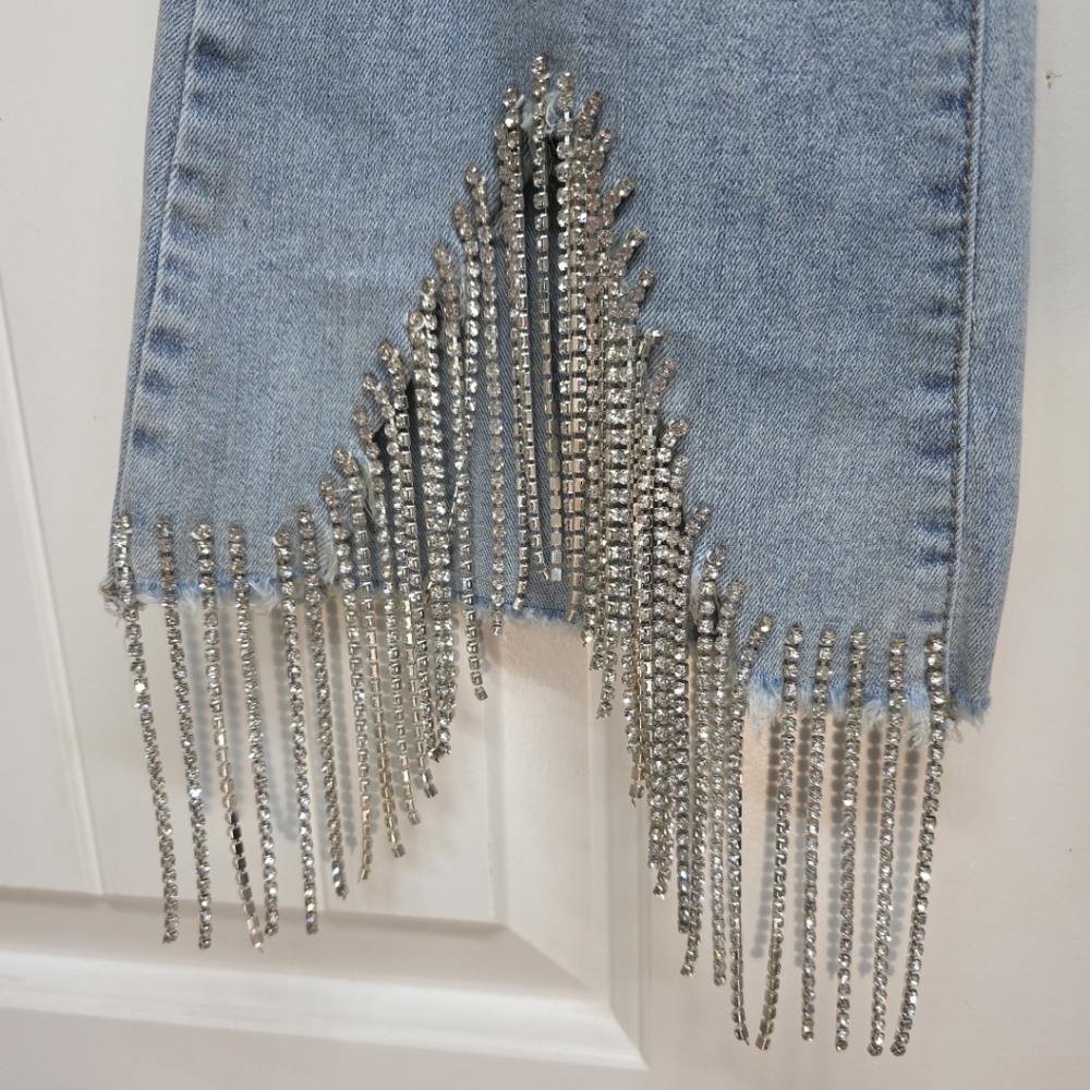 NWT Blue B Collection Rhinestone Fringe Denim Jeans Sz S Cropped High Rise - Picture 3 of 11